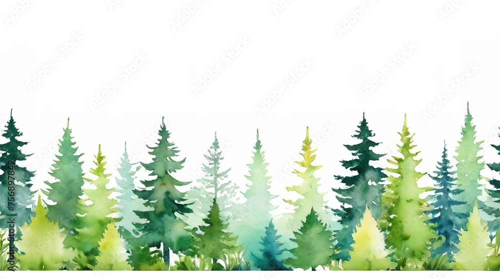 Watercolor forest seamless border. Watercolor forest background. Vector illustration.