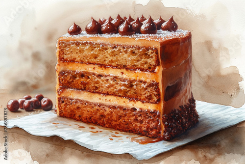 Caramel Crunch Indulgence cake watercolor painting