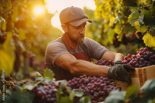 Gardeners are harvesting grapes in a sunny vineyard. photo