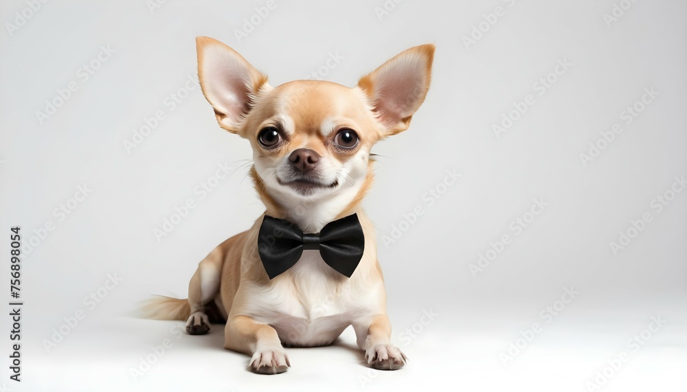 Chihuahua dog with black bow tie lying isolated on white background