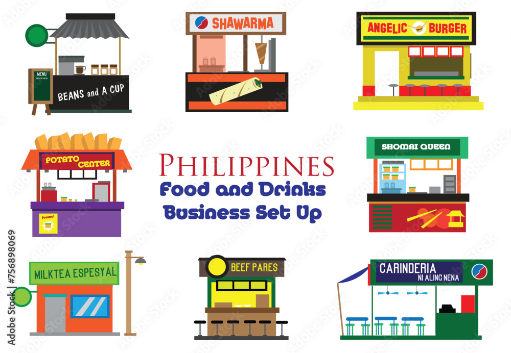 Filipino Food Carts and Pop Up Small Shops. Editable Clip Art.