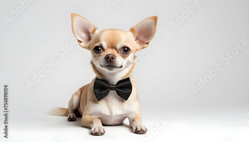Chihuahua dog with black bow tie lying isolated on white background © Awais05