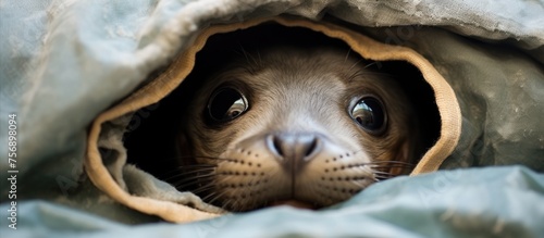 A Chelonoidis seal, a carnivorous marine mammal, with whiskers and a snout, peeking out of a hole in a blanket, showcasing its terrestrial animal features in wildlife photo