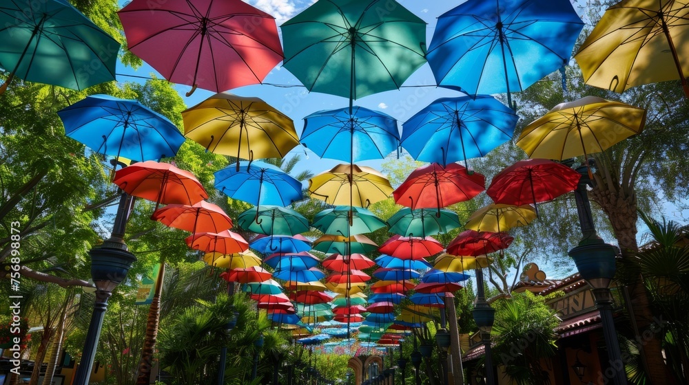 A canopy of colorful umbrellas hanging overhead creating a whimsical and sheltered pathway for pedestrians.