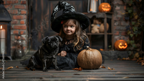All Hallows Eve Little Girl in Suit of the Evil Sorcerer, Halloween Costume Party, Spooky Trick or Treating Night, Childhood Celebration of Halloween Festivities, Generative AI