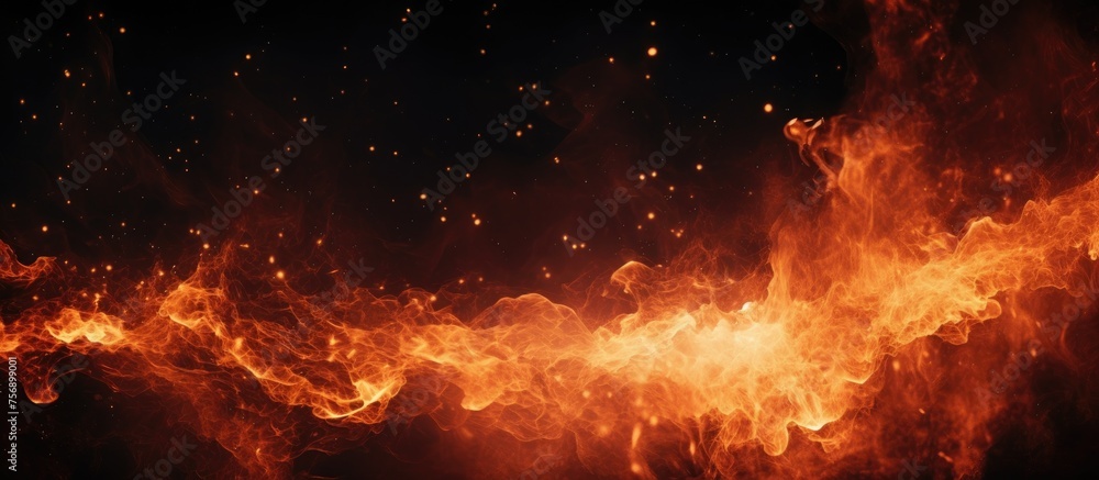 In the dark sky, a vast amount of fiery flames erupt from the ground, creating a breathtaking astronomical display of heat and gas In the dark sky, a vast amount of fiery flames erupt from the ground, creating a breathtaking astronomical display of heat and gas