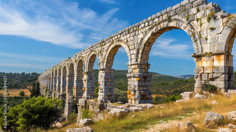 Obraz premium The grand scale of the aqueducts construction with massive blocks of stone meticulously p together to form a strong and sy structure.