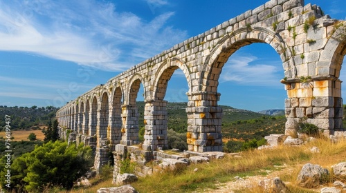 The grand scale of the aqueducts construction with massive blocks of stone meticulously p together to form a strong and sy structure. photo