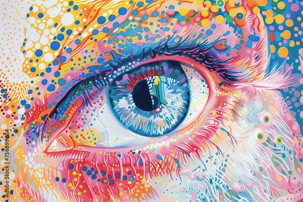 A colorful painting of a person's eye with a blue iris. The eye is surrounded by a rainbow of colors, giving it a vibrant and lively appearance. The painting seems to be a work of abstract art