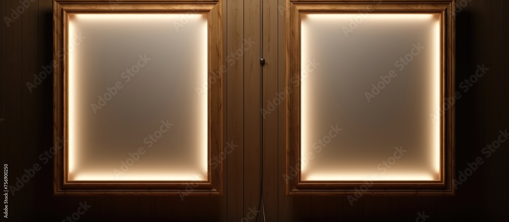 Fototapeta premium Two brown rectangle frames with lights on them are hanging on a hardwood wall fixture. The material property adds tints and shades to the art in the room