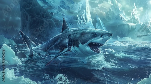 A shark navigating through an ice age ocean guided by photolithography maps to uncover hidden vampire discotheques beneath the ice photo