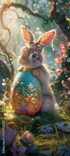 A whimsical bunny emerging from a vividly decorated Easter egg in a magical garden with shimmering morning dew