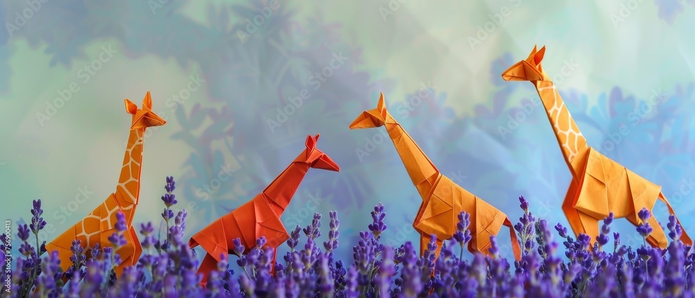 Gentle origami giraffes grazing in a field of paper crafted lavender flowers - obrazy, fototapety, plakaty 