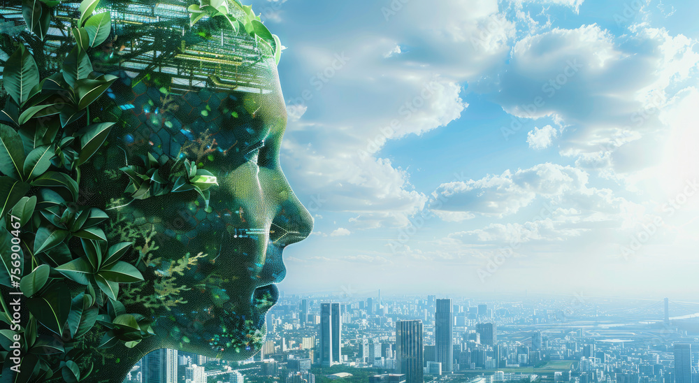 Eco-friendly cityscape with green energy. A human head made of futuristic technology and plants on top of a mountain. An AI robot's face is visible in profile - obrazy, fototapety, plakaty 