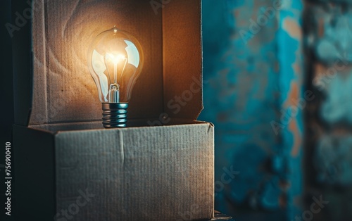 Glowing lightbulb emerging from an opened mystery box casting a luminous aura in a dark room symbolizing discovery and ideas