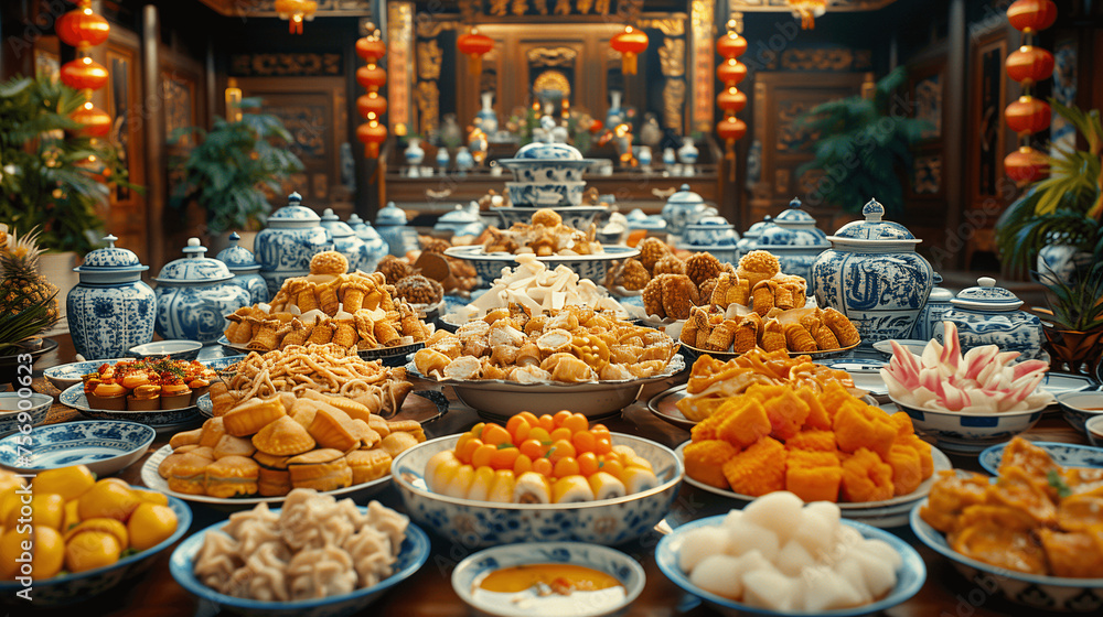 Traditional Chinese Desserts Assortment in Blue and White Porcelain Bowls
