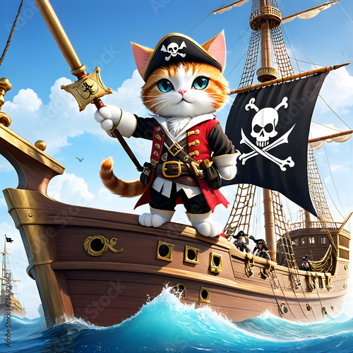 Meet Captain Whiskers, a one-eyed pirate cat who rules the high seas with a fierce meow and a paw of determination. Standing proudly on the bow of her ship, she holds the pirate flag high, showing all