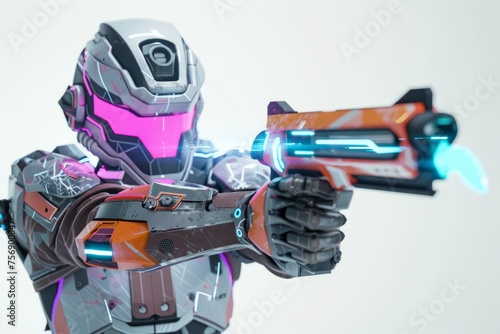 cyber gamer avatar wielding futuristic weapons and engaged in a virtual battle, showcasing the immersive experience of esports gaming, on isolated white background, Generative AI