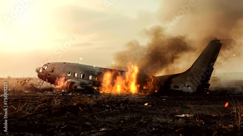 The scene of the plane burning due to an accident, 4k animated virtual repeating seamless	
 photo