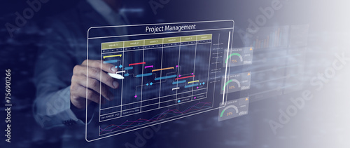 business project management system Milestone progress planning with a Gantt chart scheduling interface on a virtual screen.