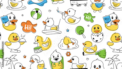 A doodle duck vector showcasing cute rubber ducks, shower toys, and baby chickens