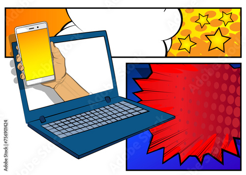 Cartoon Smartphone, comic book Telephone with Laptop. Retro vector comics pop art design.