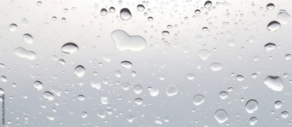 Macro photography capturing water drops on a window, creating a grey and moisturefilled image. Each drop a perfect circle, reflecting light off the metal frame