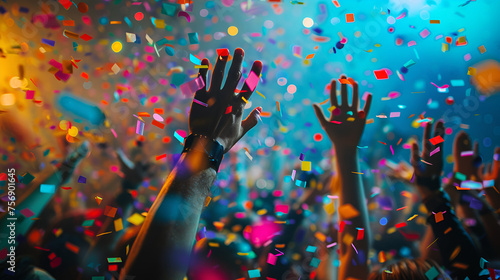 Confetti Fired on Air During a Concert, People Celebrating with Joyful Emotions and Excitement, Festive Event Atmosphere, Generative AI   © Dzynee