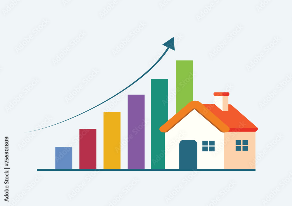 Business graph with arrow and house. Housing price or interest rates rising up, Real estate, housing finance, home loan, mortgage rates and property investment growth concept. Vector illustration.