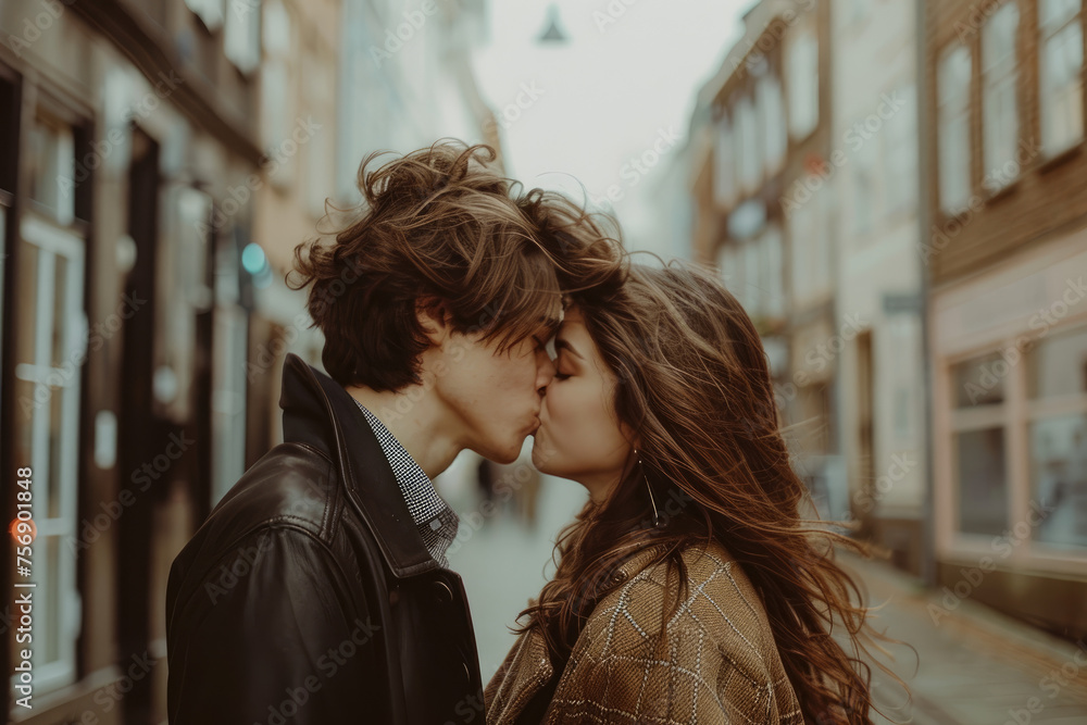 Beautiful loving young couple kissing in the middle of the street