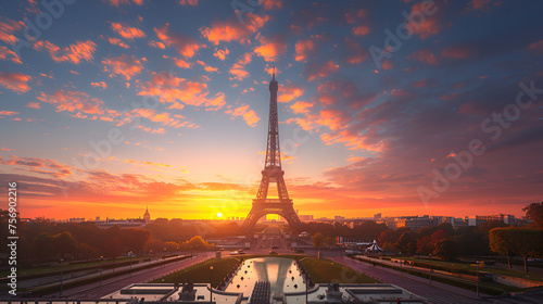 Eiffel Tower Against Sunrise in Paris, France, Iconic Landmark Bathed in Golden Light, Travel Destination Illustration, Generative AI