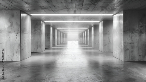 Elegant Big Hall Interior in Concrete Glossy Underground Showroom, Spacious Modern Architecture Design, Urban Industrial Style, Generative AI