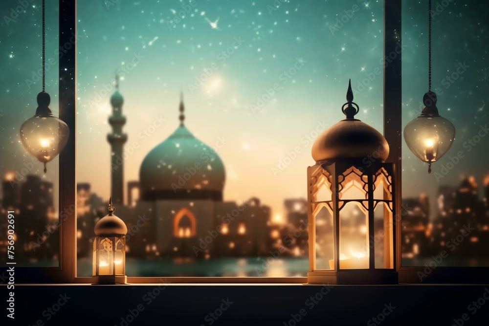 Eid mubarak and ramadan kareem greetings with islamic lantern and mosque. Eid al fitr background