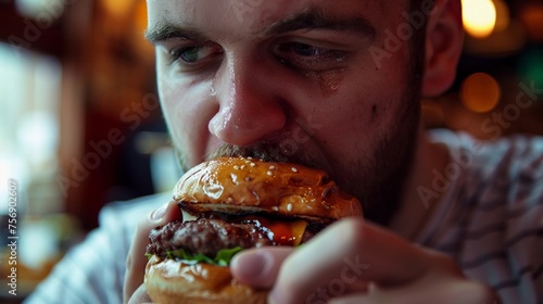 Satisfaction in Every Bite, close-up shot of the man taking a hearty bite out of the burger, with juices dripping and a look of satisfaction on his face, generative AI