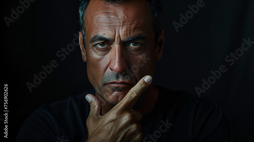 Evil Man Gesturing Silence and Quiet, Sinister Figure Isolated on Black Background, Conceptual Illustration of Malevolence and Mysteriousness, Generative AI

