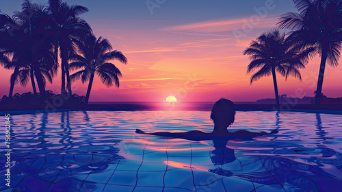 A person relaxing in a swimming pool at sunset with palm trees in the background. Ai generative illustration.