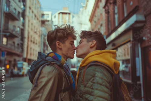 Beautiful loving young gay couple kissing in the middle of the street