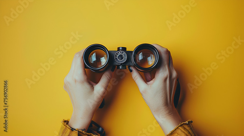 Female Hand Holds Black Binoculars on a Yellow Background, Exploration and Adventure Concept, Generative AI