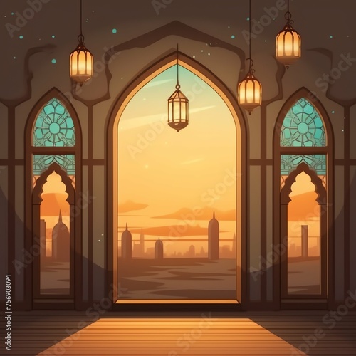 Eid mubarak and ramadan kareem greetings with islamic lantern and mosque. Eid al fitr background © KaitoDesign