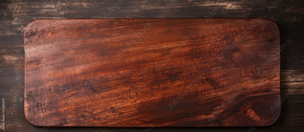 Scratched wooden cutting board with dark brown wood texture