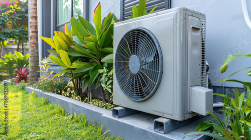 air source heat pump outdoor unit. The energy stored in the air is simply extracted and can be used for heating in winter, hot water, and cooling at summer.