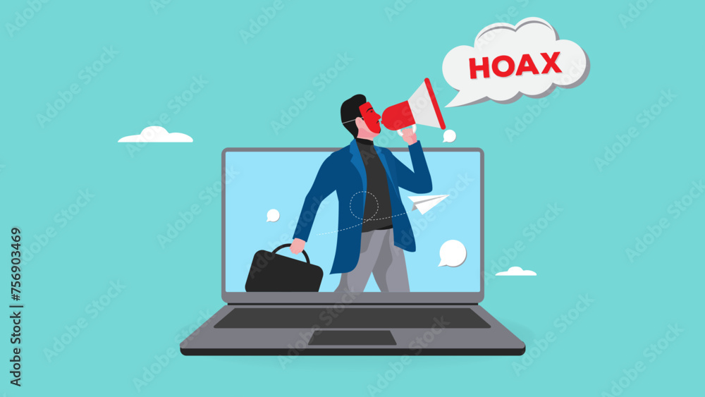businessman using megaphone conveying fake news or hoax on computer laptop, hoax or fake news illustration, misleading information from social media that creates misunderstandings