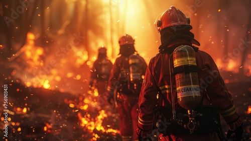 Firefighter heroes battling blaze in 3D animation, dramatic lighting, showcasing courage and heroics photo