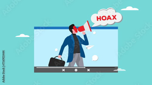 business people convey fake news or hoax with megaphones and masks of falsehood on video playback media, hoax or fake news illustration, misleading information from social media concept illustration