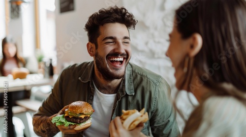 Sharing the Joy, moment of camaraderie as the man shares his burger with a friend or loved one, generative AI