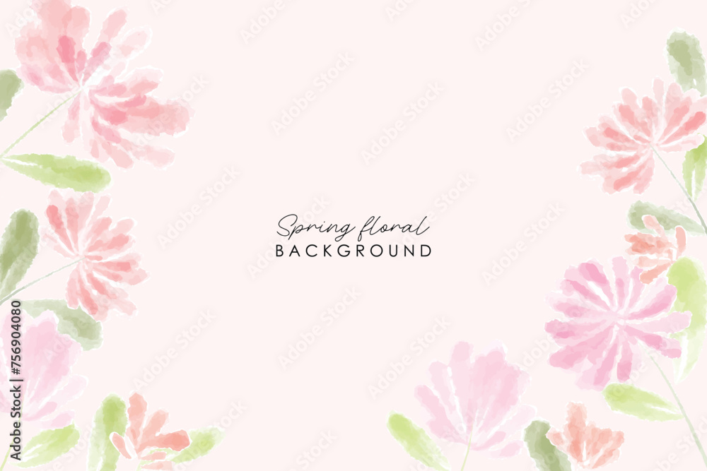 Fototapeta premium Abstract art botanical pink background vector. Beauty flower pink watercolor frame background. Pink watercolor flowers and green leaves