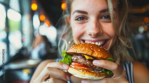 Savoring the Flavor  a woman savoring each bite of the burger in a candid shot that captures her expression of pleasure and satisfaction  generative AI