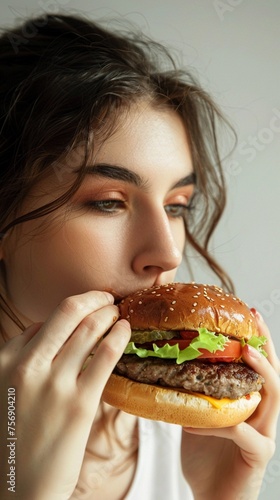 Side view of a woman eating a burger on a white background, generative AI