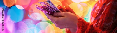 Woman's hand holding a handful of banknotes in a celebratory gesture, with her fingers fanned out to display the money, generative AI