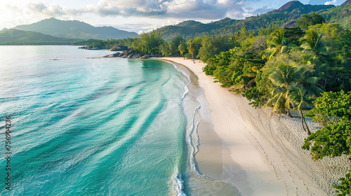 Drone View From Above Paradise Beach on Praslin Island, Seychelles. photo